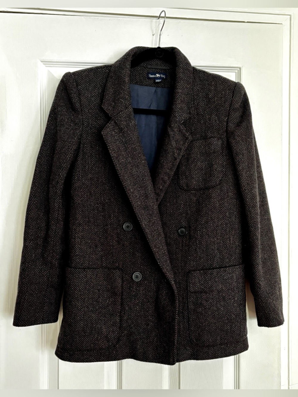 Vintage Navy Bluish Herringbone Double-Breasted Blazer